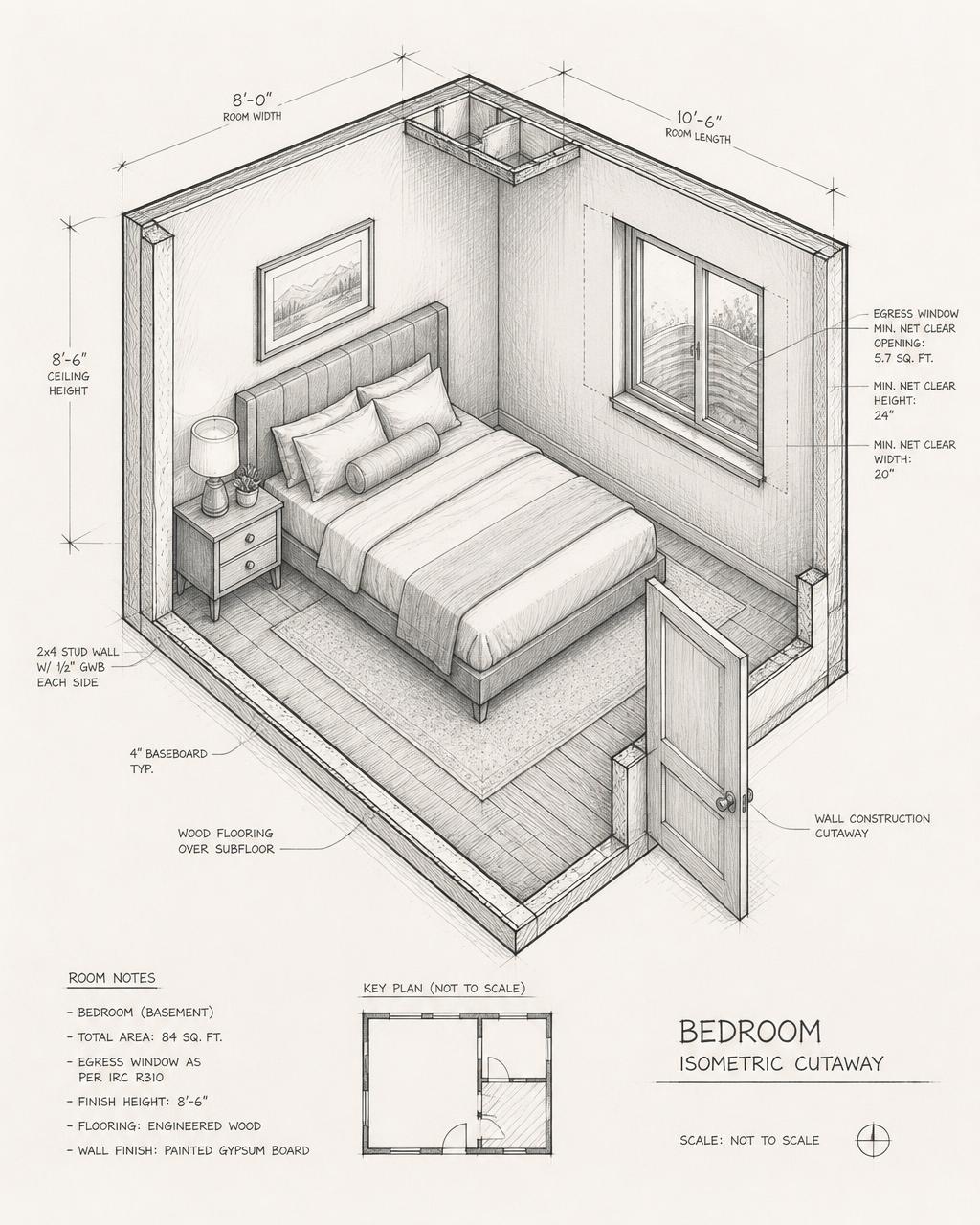 Isometric 3D drawing rendering of the requested bedroom addition
